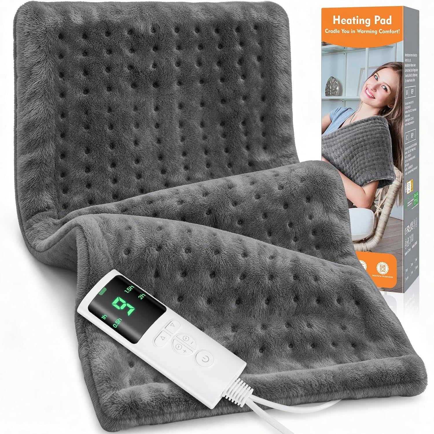 2eb98af12d8b570759ceeda3a642d9ea.png Heating Pad for Back Pain, Electric Heat Pad with 9 Heat Levels & 4 Auto-Off Timers, Portable Heating Pad for Period Cramps, Shoulder, Neck, Machine Washable, Gifts for Women and Men, Grey, 24''×12'' - Image 1