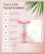 7 Color Galvanic Machines - Red Light Therapy for Face and Neck, Face Massager Tool for Wrinkles, Double Chin, Vibrating Facial Massager with Thermals, Pink - Image 3