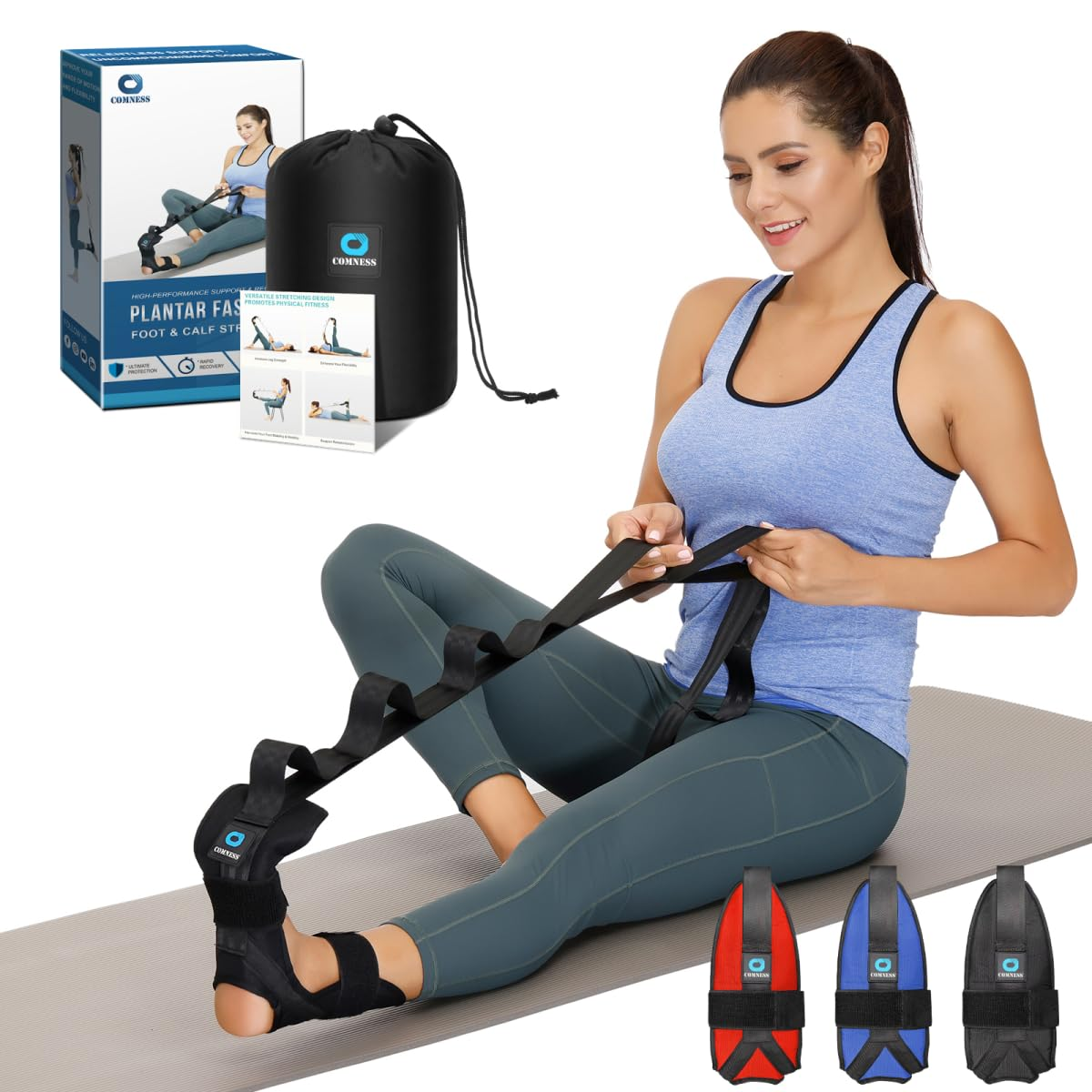 e5688fff9c7c3c5cc8f3428be1aa0d9b.png Foot and Calf Stretcher-Stretching Strap for Plantar Fasciitis, Heel Spurs, Foot Drop, Achilles Tendonitis & Hamstring. Yoga Foot & Leg Stretch Strap. (Black) - Image 1